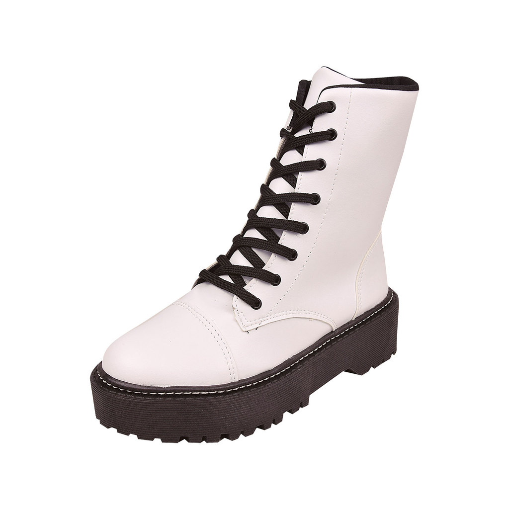 Bota Coturno Feminino Plataforma Tratorada Cano Médio com Cadarço