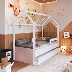 Cama Infantil Bicama Montessoriana Estilo Casinha 188x78cm com Proteção Lateral e Cama Auxiliar