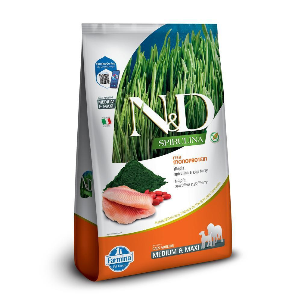 Cães Adultos de Raças Médias e Grandes Sabor Tilápia, Spirulina e Goji Berry 10,1Kg N&D Spirulina