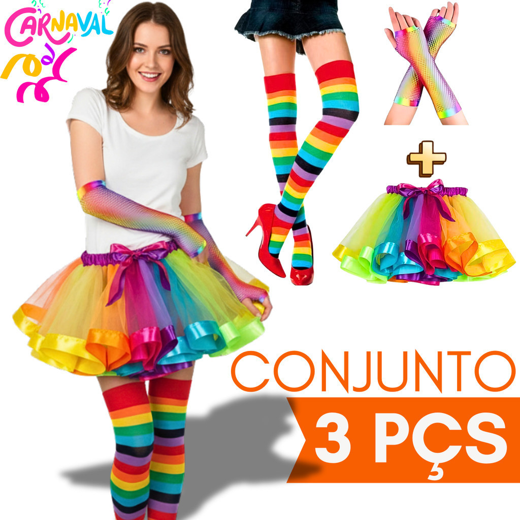 Conjunto Saia/Luva/Meia Saia Tule Arco-Íris Adulto - Colorida 40cm Carnaval Festas Cintura Elástica em Oferta na Shopee
