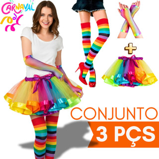 Conjunto Saia/Luva/Meia Saia Tule Arco-Íris Adulto - Colorida 40cm Carnaval Festas Cintura Elástica em Oferta na Shopee