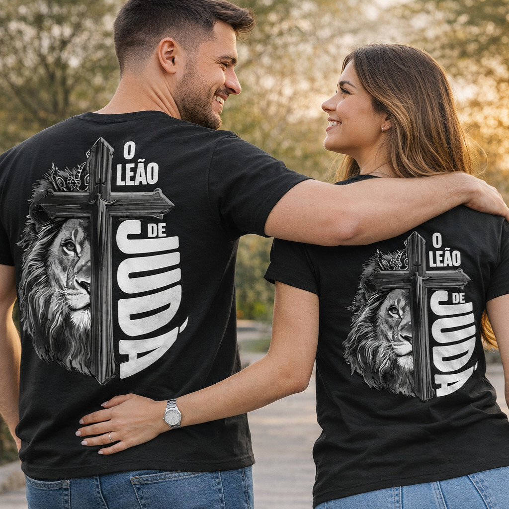 Kit Casal Camiseta Moda Cristã Unissex Leão de Judá Cruz Fé Camisa 100% Algodão Unisex em Oferta na Shopee