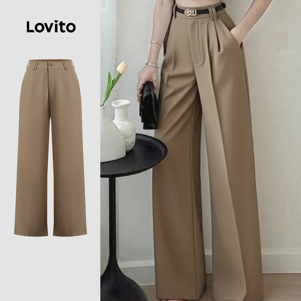 Lovito Calças Casuais Para O Dia a Dia Clássicas Versáteis Zíper Botão Na Cor Cáqui Todas As Estações Mulheres L149ED385 em Oferta na Shopee