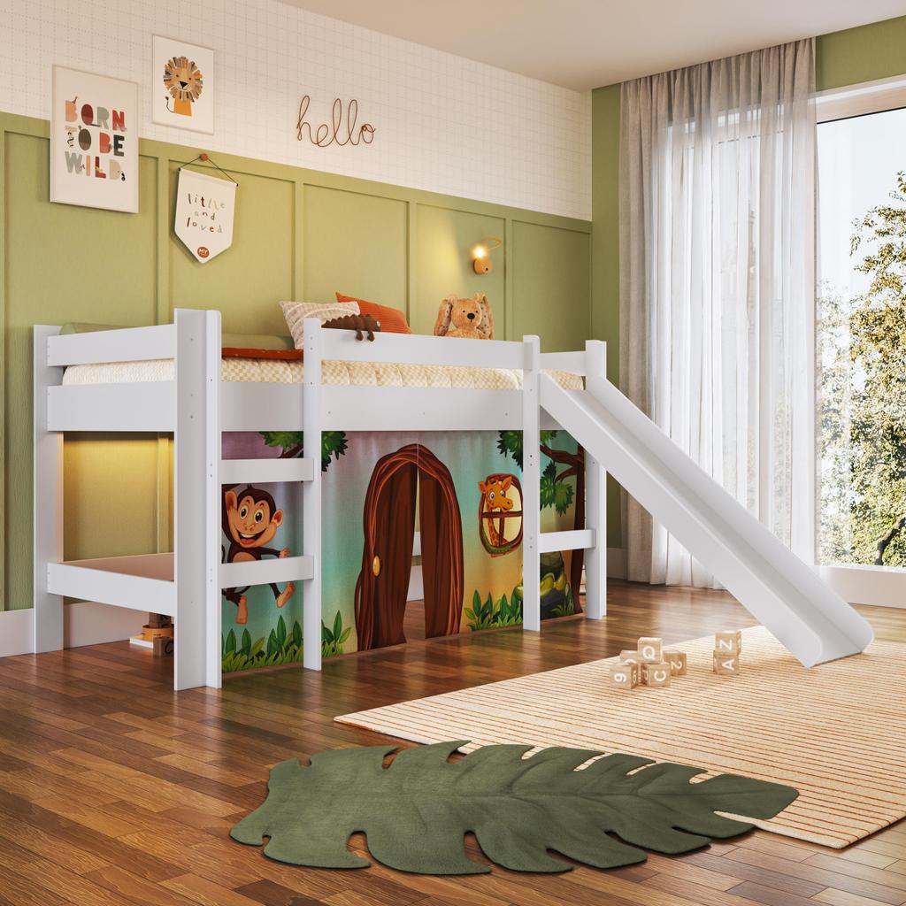 Cama Infantil Elevada Menino Menina Solteiro 202cm com Degrau Escorregador Branca com Estampada Zoo em Oferta na Shopee