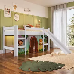 Cama Infantil Elevada com Escorregador 188x78cm Escada e Proteção Lateral Branca com Cortina Zoo