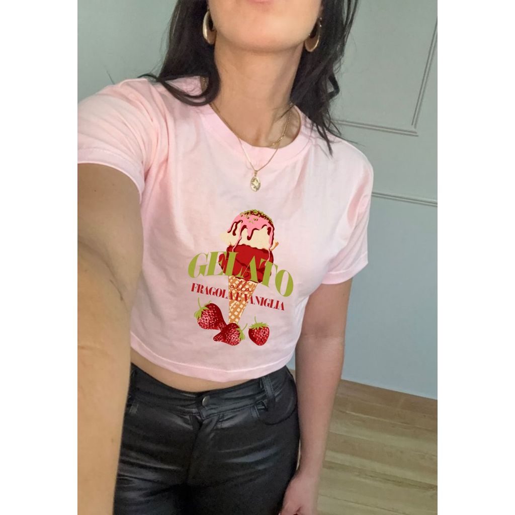 Cropped Camiseta Estilosa Gelato Tshirt Sorvete Tendência Estilosa Confortável Básica Algodão Casual