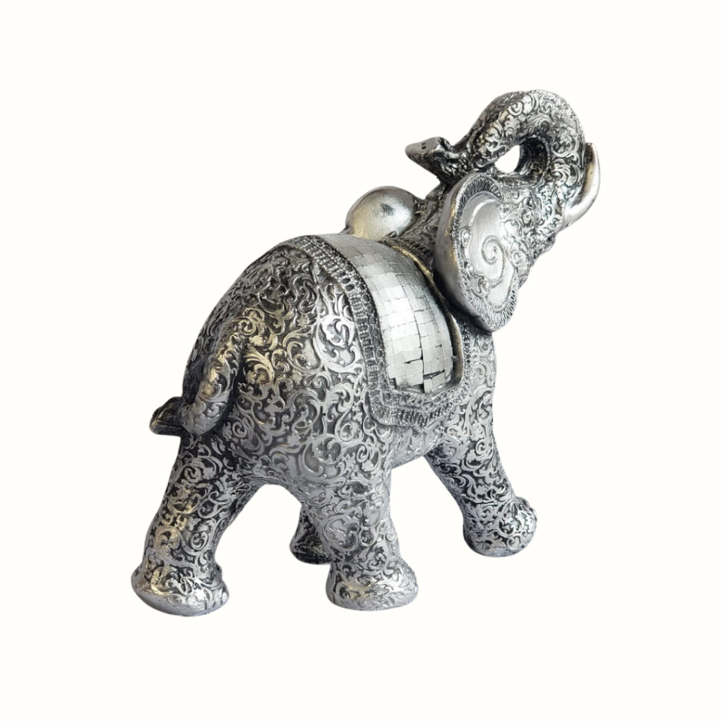 Elefante Indiano Floral Abstrato Decoração 21x10x25 Decorativo Enfeite Gesso Prata — imagem 2 de 2