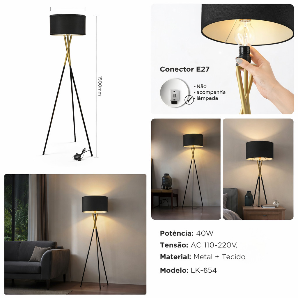 Luminária de Piso Abajur Tripé E27 40W Moderna para Sala Quarto Escritório em Oferta na Shopee