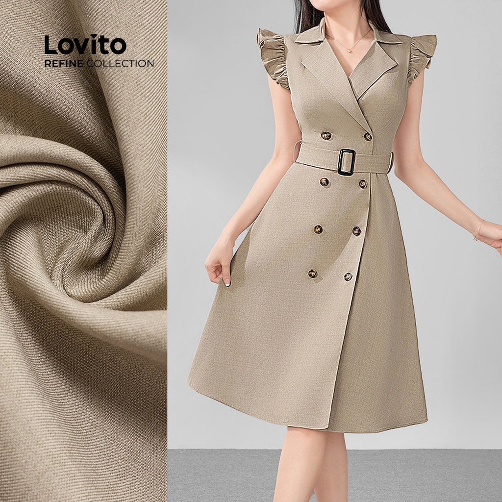 (Lovito Refine) Vestido Elegante Liso Com Babados Cinto Botões Cáqui Vestido De Verão/primavera Para Mulheres LR11ED031 em Oferta na Shopee