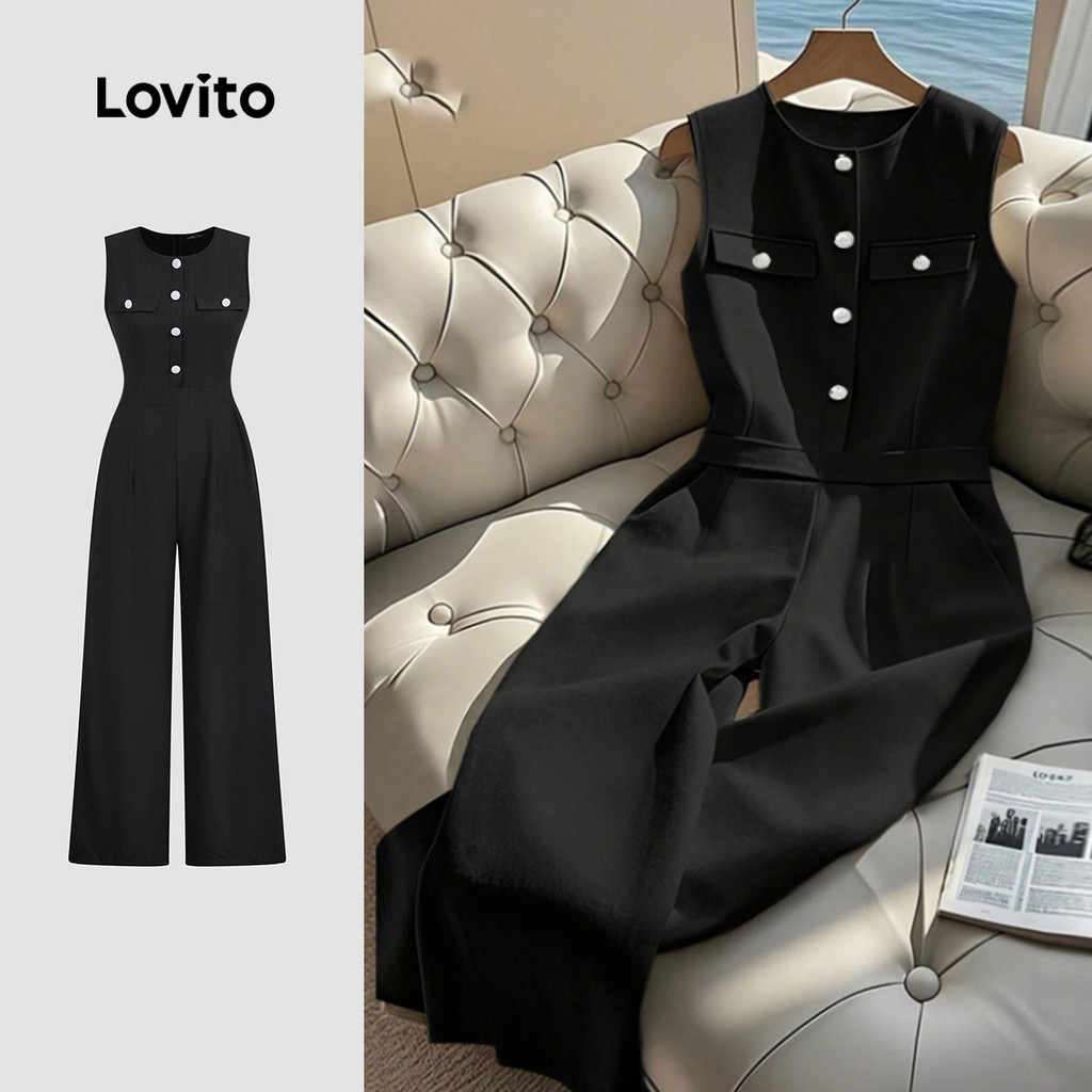 Lovito Macacão Elegante Clássico E Versátil Com Botões Preto Para Primavera/verão Para Mulheres L150ED414 em Oferta na Shopee