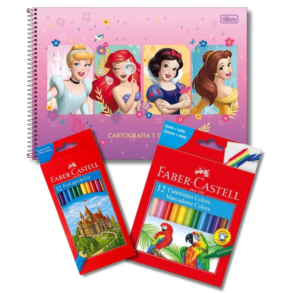 KIT CADERNO CARTOGRAFIA 80FLS PRINCESAS  TILIBRA COM ADESIVO + LAPIS DE COR + CANETINHA FABER