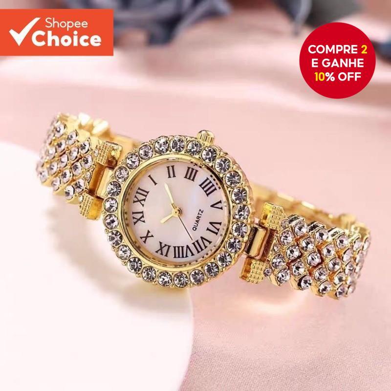Relógio Feminino Luxuoso De Quartzo Com Diamante | Pulseira Leve Algarismos Romanos em Oferta na Shopee