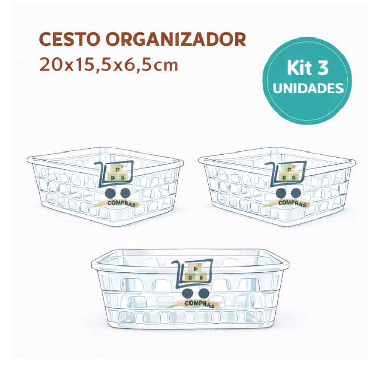 Kit 3 Cesto Organizador Multiuso Médio Transparente 20x15,5x6,5cm Armario Gaveta Geladeira Banheiro Cozinha Lavandeira