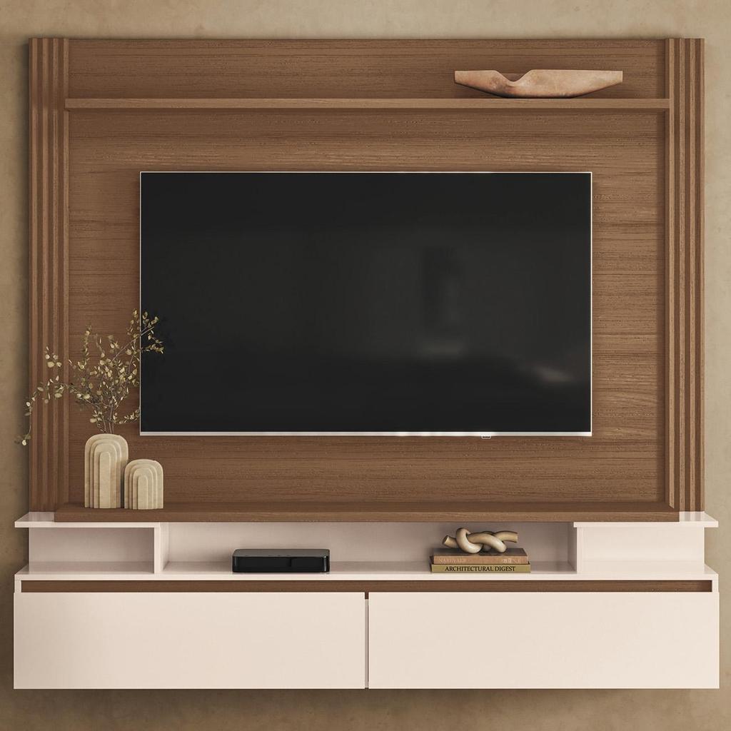 Painel Tv 65 Pol 181cm Bancada Suspensa Astor Castanho/Off - Hb Móveis