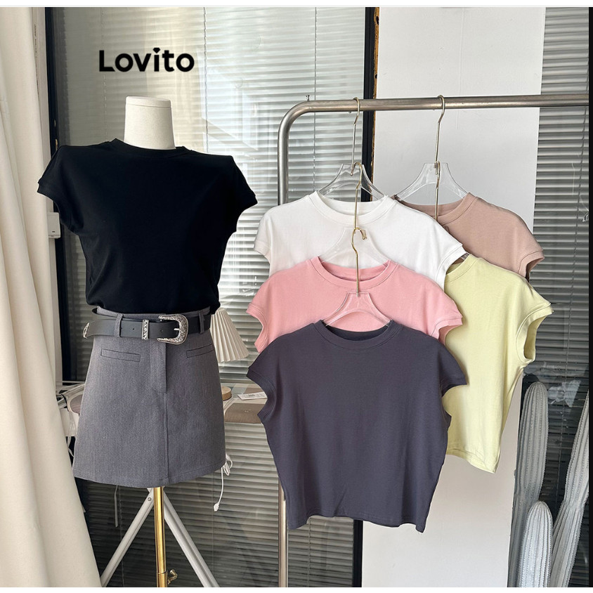 Lovito Casual Camiseta Feminina Lisa Básica TSNS50EX314 em Oferta na Shopee