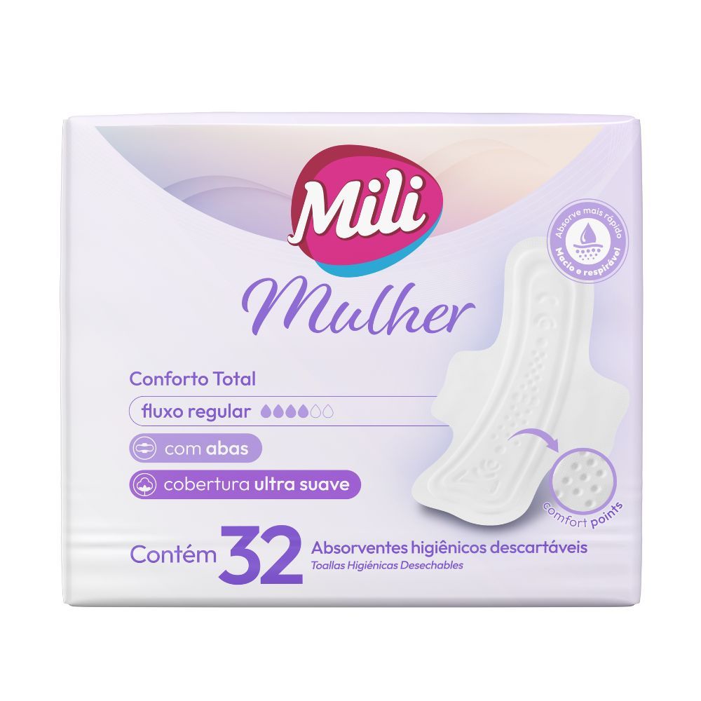 Absorvente Mili Mulher Noturno Conforto Total com Abas 32 Absorventes