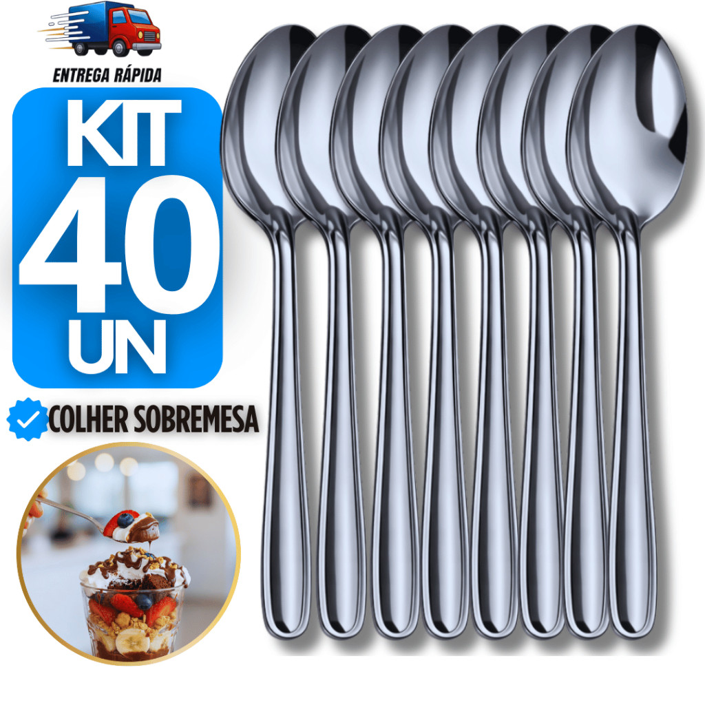 Jogo 40 Colheres de Sobremesa em inox  para Doces Sorvete Bolos Cozinha Restaurante colher talheres