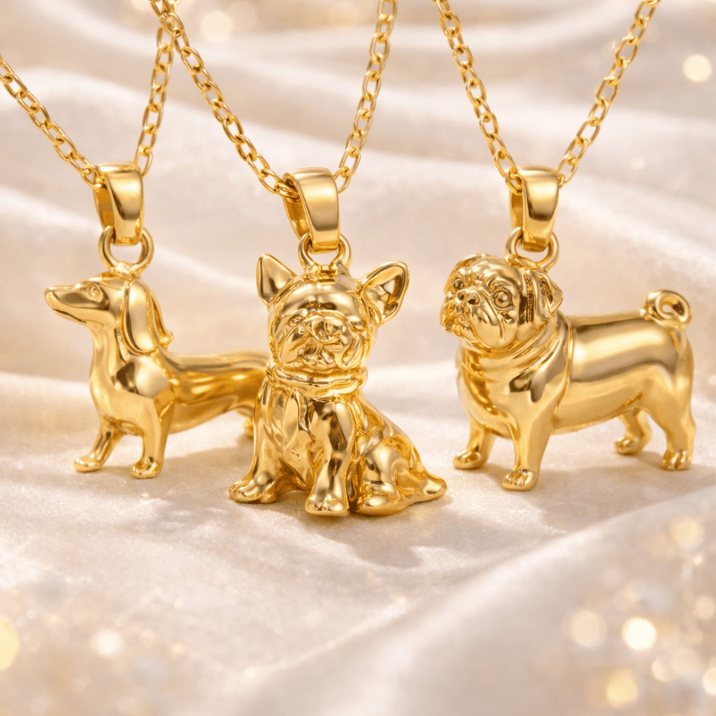 Colar com Pingentes de Cachorro PET - Pug Yorkshire e Basset | Banhado a Ouro
