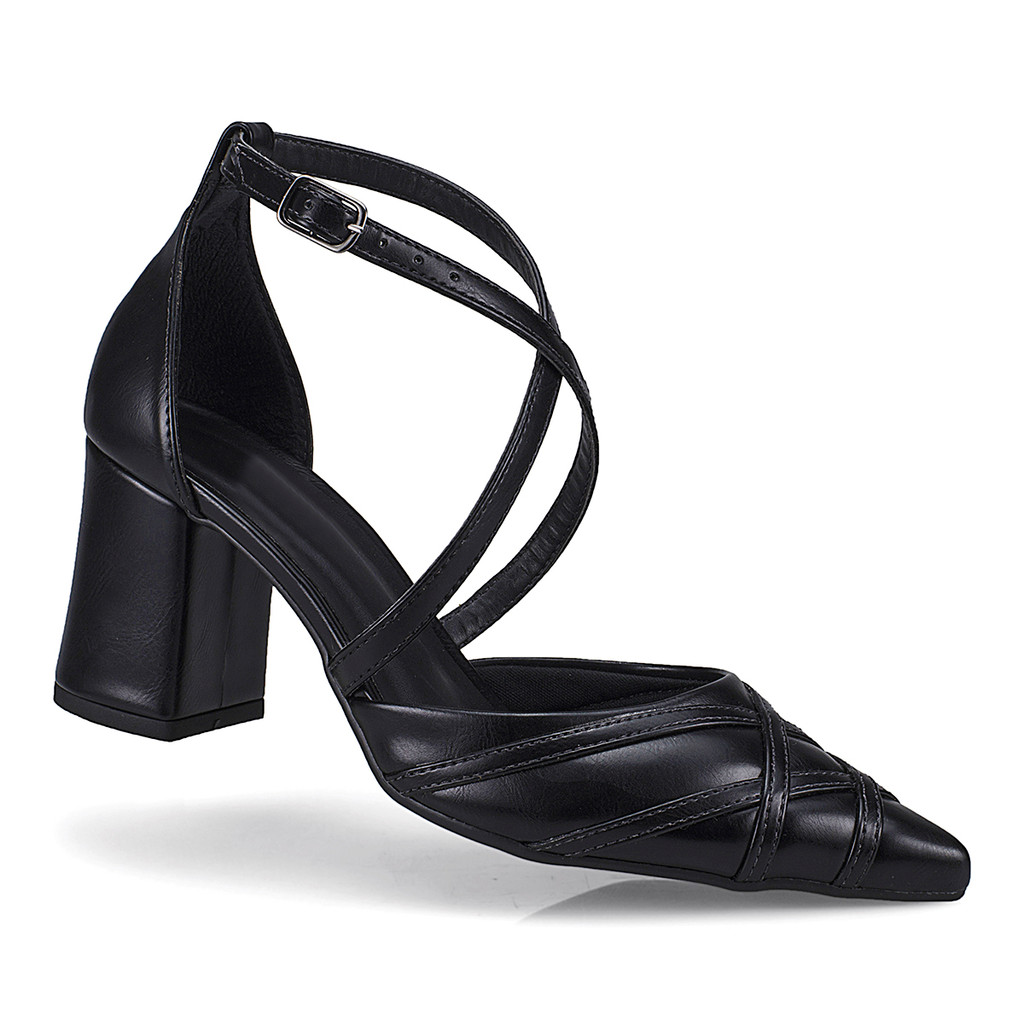 Sapato Social com Costura Estilizada Scarpin Feminino Bico Fino Salto Quadrado 3060
