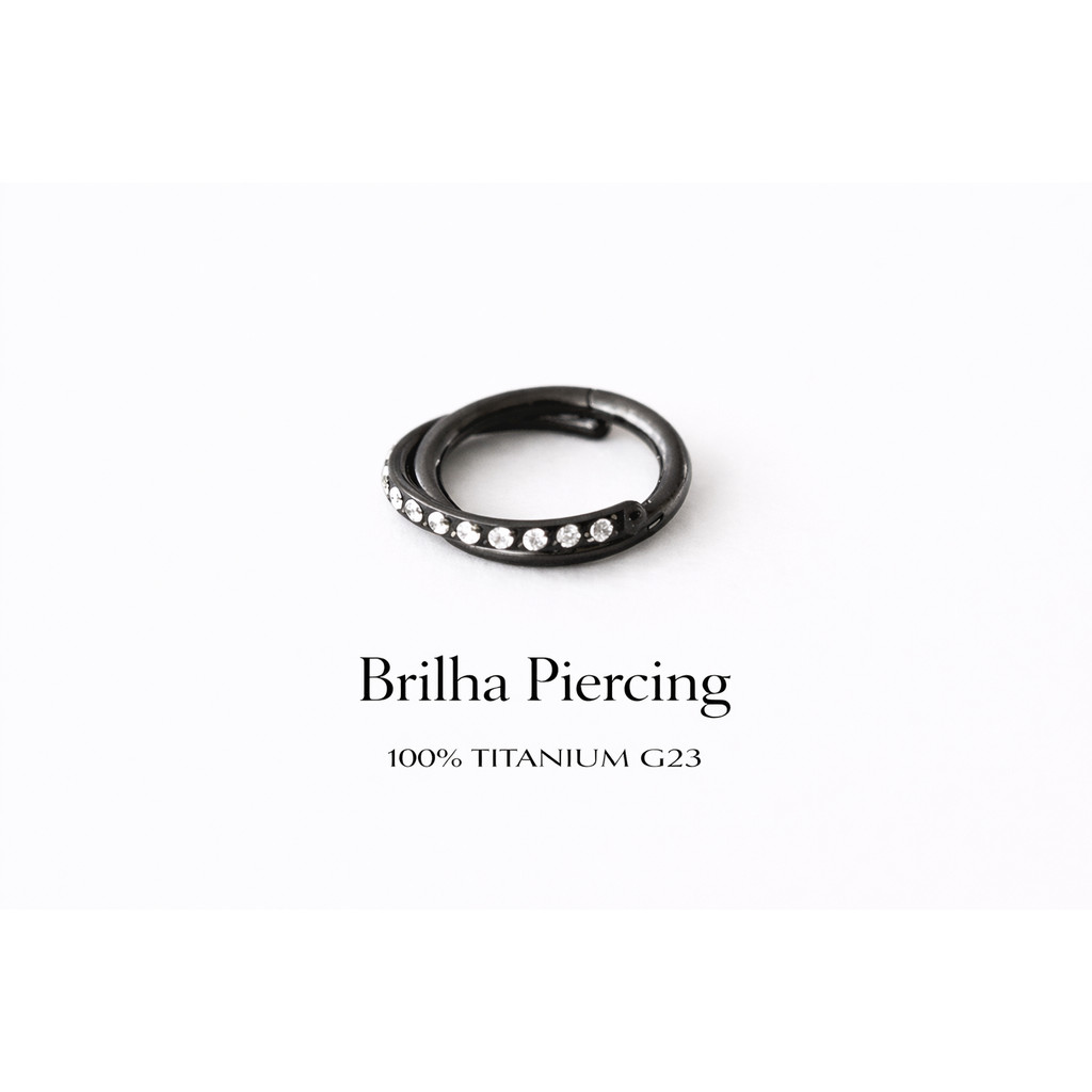 【Brilha】NOIR PAVÉ — Piercing Argola Clicker Preta Cravejada Titânio G23 – Hélix / Tragus / Cartilagem