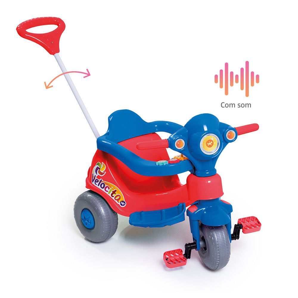 Triciclo Infantil com Haste Direcionável Velocita Vermelho Calesita 2 em 1 Passeio e Pedal