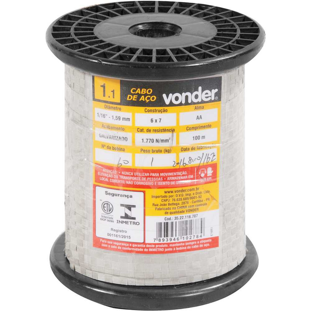 Cabo de Aço Aa 1/16 Alma de Aço 6x7 Galvanizado com 100m Vonder em Oferta na Shopee