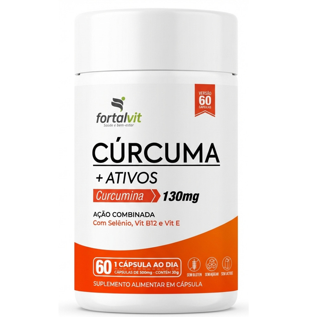Cúrcuma 60 Cápsulas, 2 Meses de Uso, com Vitamina E, Selênio e B12, Longa Duração, Alto Teor Curcumina, Fortalvit