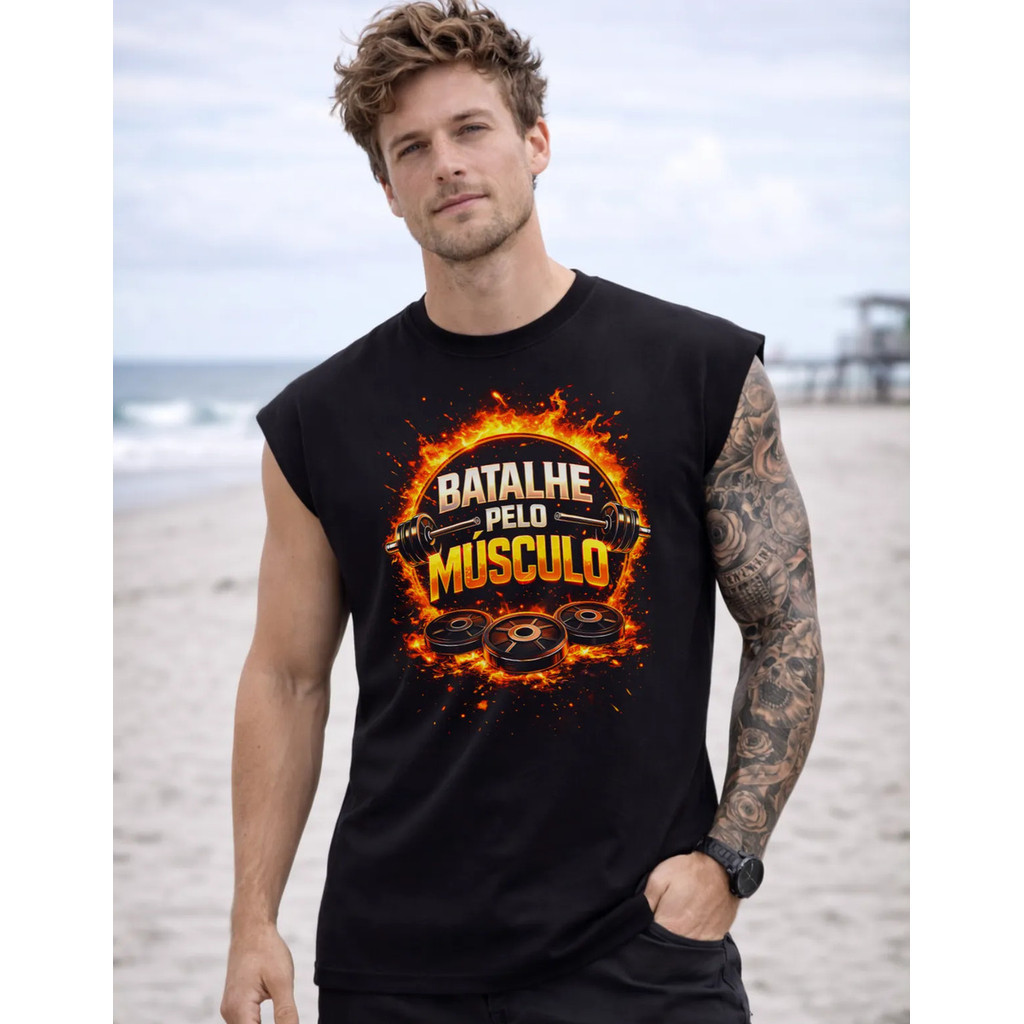 Camiseta Regata Oversized Frase Batalhe Musculo Trein Cavada