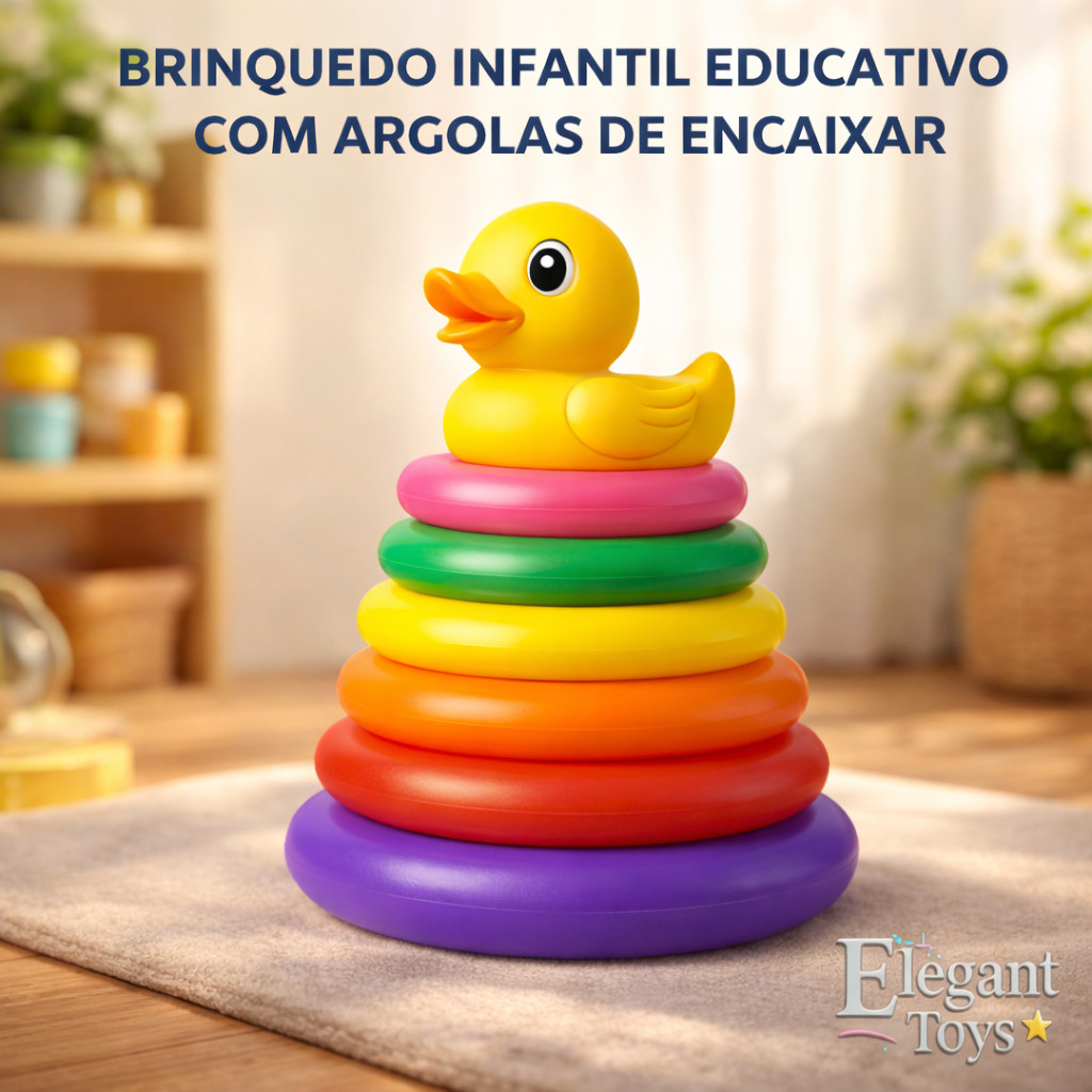 Brinquedo Educativo Infantil Torre de Argolas 5 & 7 Anéis Didático Patinho Peixinho Girafinha em Oferta na Shopee