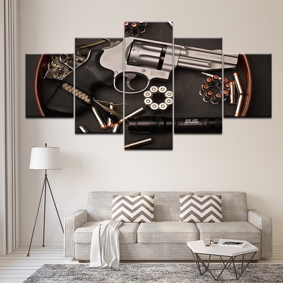 Quadros Decorativos Arma De Fogo Revolver Munição Decoração Sala Quarto Escritorio hall