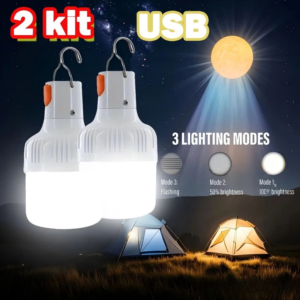 Kit 2 Lâmpadas LED Recarregáveis Luz Emergência Portátil Camping Barraca Pesca USB