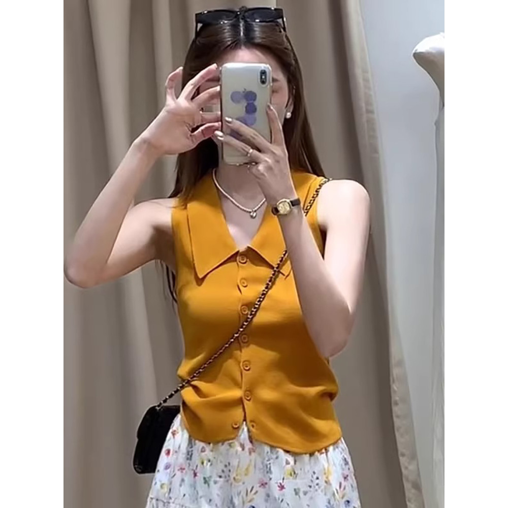 Luz madura botão Polo camisa lapela sem alças colete feminino 2026 verão exterior Wear fino-ajuste mais magro olhar sem