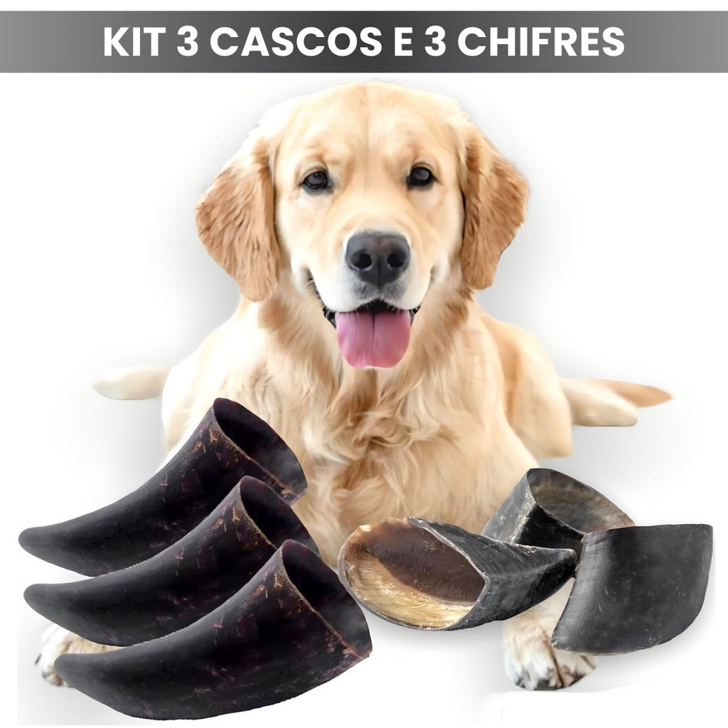 3 Casco + 3 Chifre Para Cachorro Roer Mordedor Pet Brinquedo