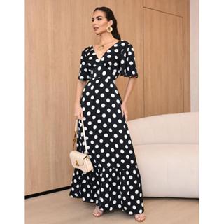 Vestido Feminino Longo Poá Bolinhas Manga Curta Decote V Tendência Blogueira em Oferta na Shopee