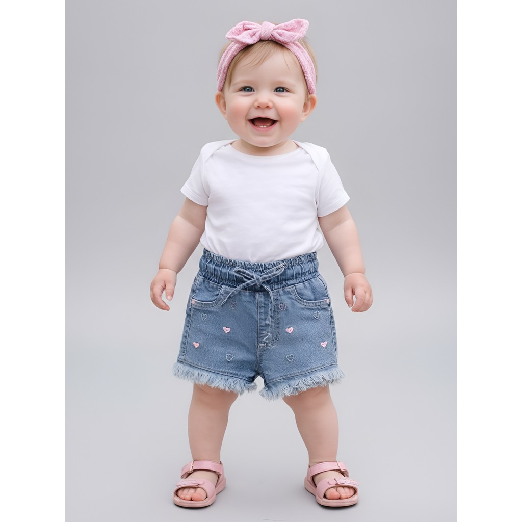 Short Jeans Bebê Menina Cintura Elástica Cordão Coração Bordado Babado Fofo Bolsos Funcionais