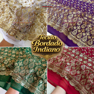 Tecido Crepe Bordado Indiano Brilho Paête | 1,47m - 100% Poliéster | Envio Imediato em Oferta na Shopee