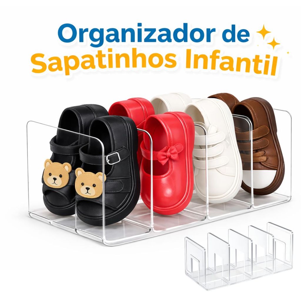 Organizador de Sapatinhos Infantil em Acrílico até 4 Par Porta Sapatos Bebê para Cômoda Guarda-Roupa