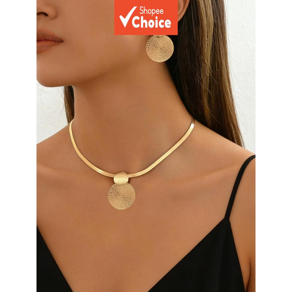 Criativo Disco Geométrico Pingente Colar Brinco Conjunto Feminino Espiral Clavícula Corrente Jóias Presente em Oferta na Shopee