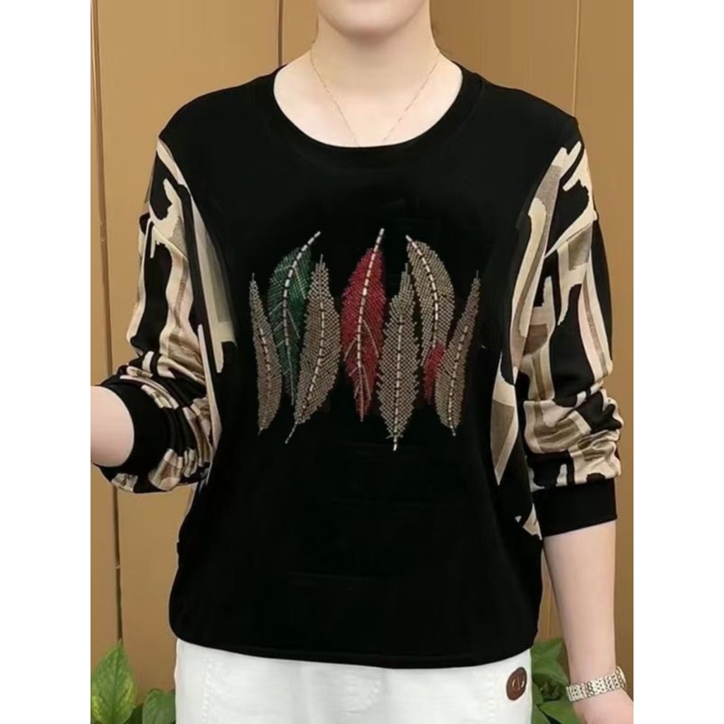 Camiseta de manga comprida feminina primavera outono 2025 novo estilo mãe idosa de meia-idade Plus Size estilo ocidental