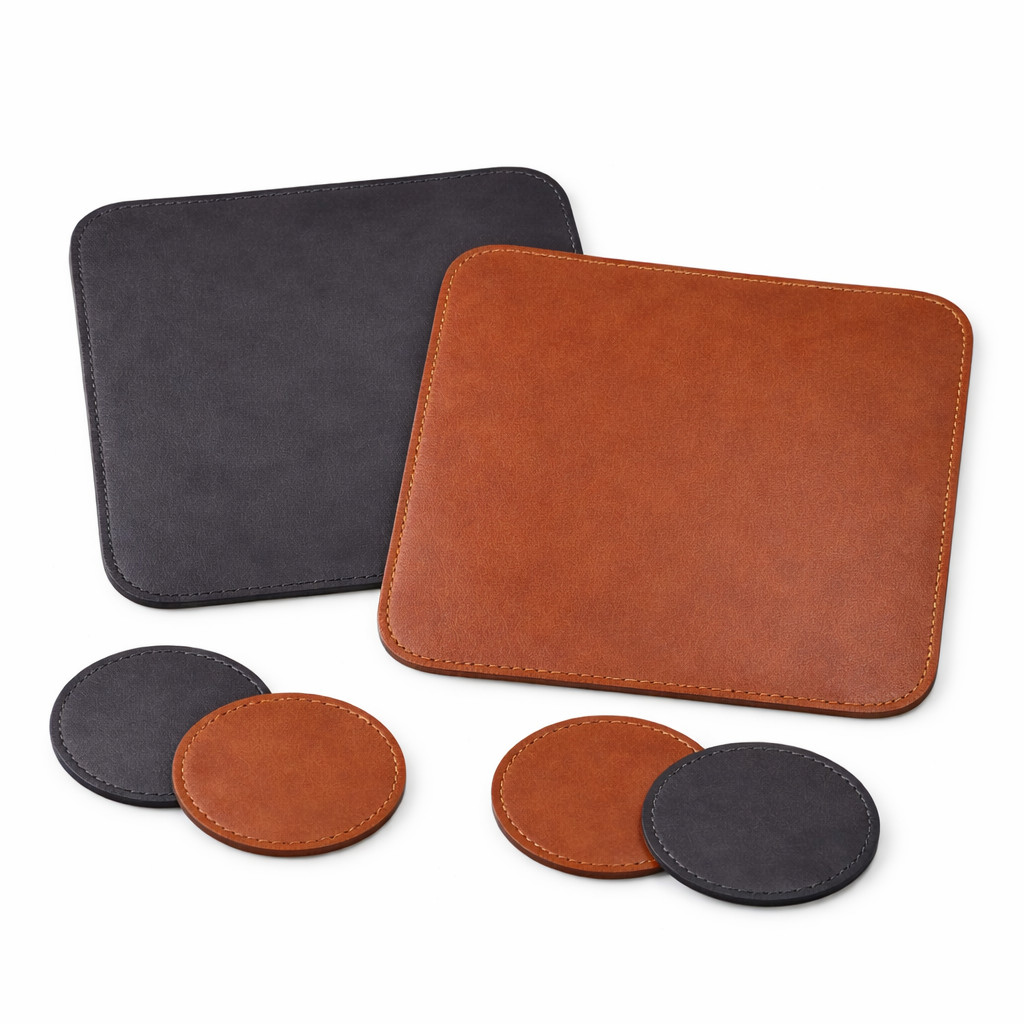 Kit Mouse Pad 20x20 Couro Sintético Porta Copo Deskpad Escritório Gamer Home Office Preto e Marrom