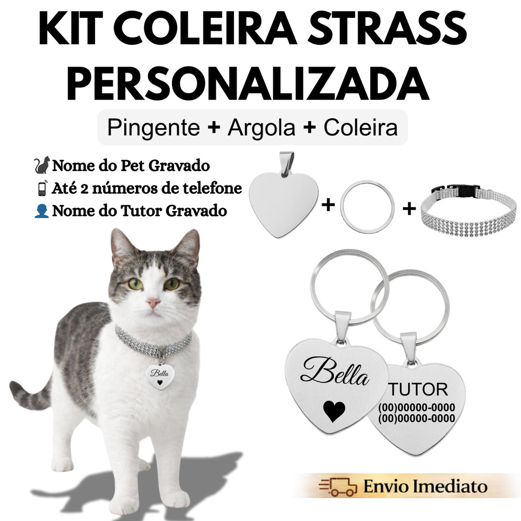 Kit Coleira Pet Gatos Plaquinha Personalizada Nome Telefone Identificação Strass Pingente Durável