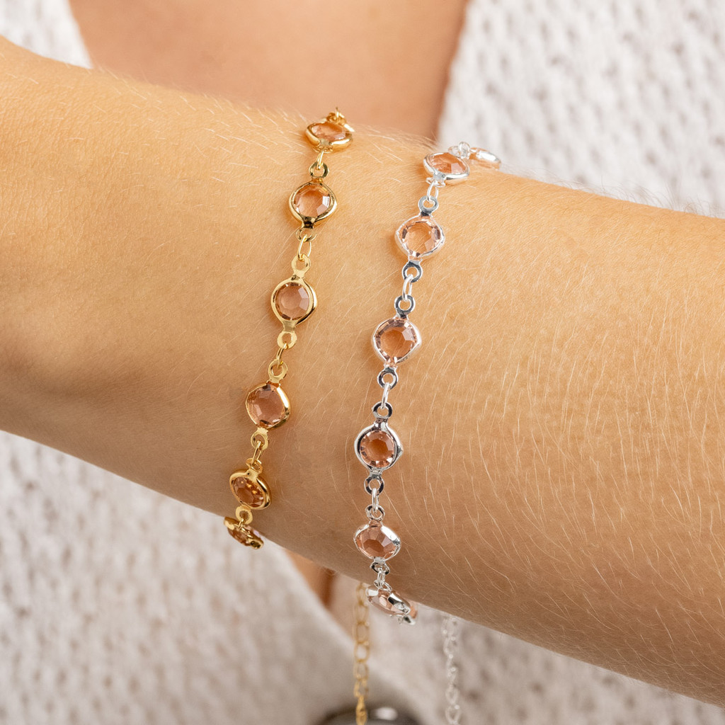 Pulseira com Ponto de Luz Rosa Claro Dourado e Prata Banhada - D France Semijóias