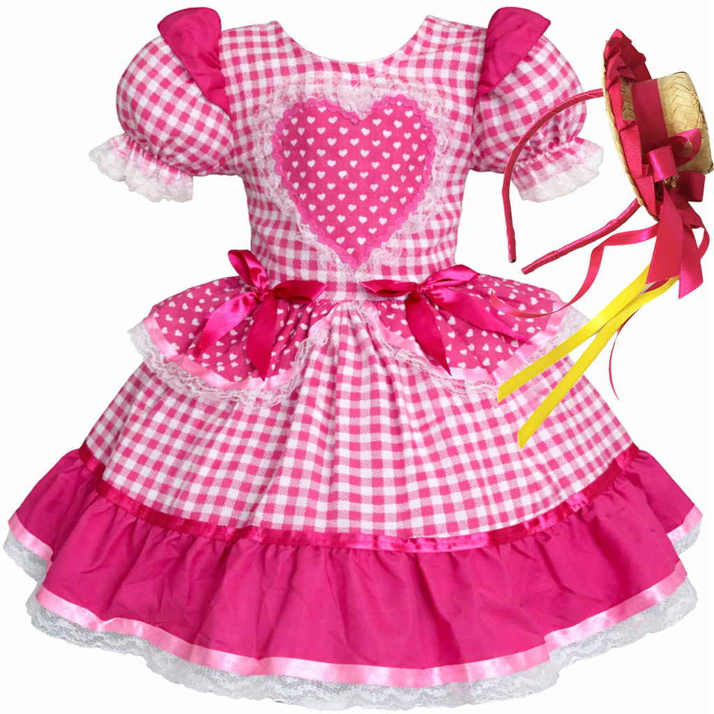 Vestido Festa Junina Menina Pink Rosa Xadrez Quadrilha Rodado Caipira Luxo São João 2026 + Tiara
