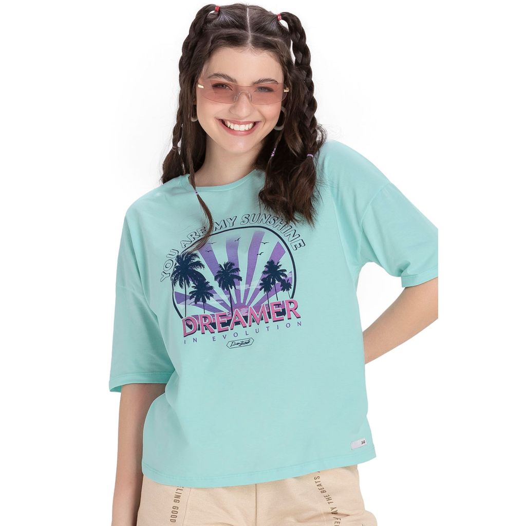 Blusa Juvenil Feminina Estampada Beats Verde em Oferta na Shopee