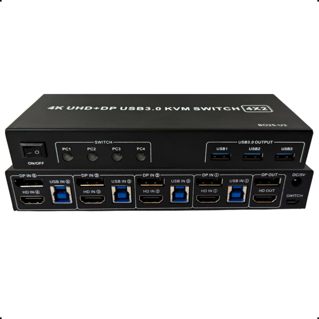 Switch KVM 4x2 HDMI+DP 4K USB 3.0 4 PCs 2 Monitores BO25-U3