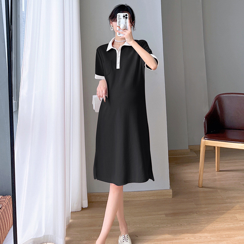 Venda De Estoque Preto L Saia Para Maternidade Estilo Verão Contraste Cor Gola Polo Casual Camiseta Vestido Gravidez Sol