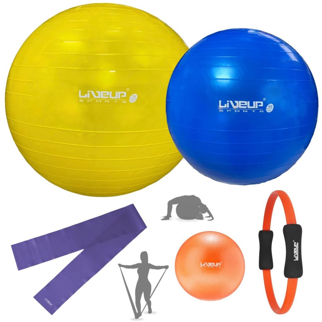 Kit Bola Suíça Azul 65cm+ Amarela 75cm+ Bomba Inflar+ Arco Yoga+ Faixa Elástica Media+ Overball 25cm