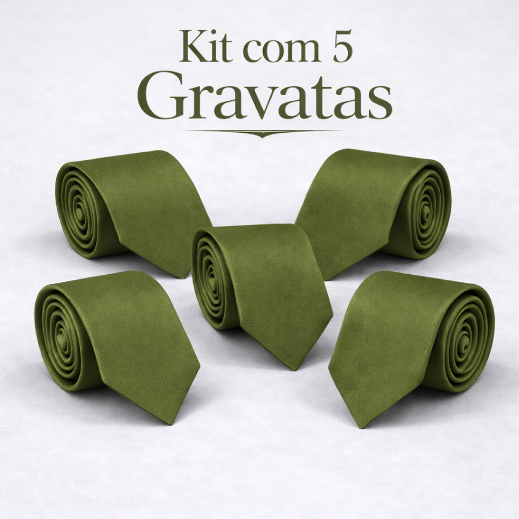 KIT 5 Gravata Masculina Social Slim Verde Oliva Escuro Premium