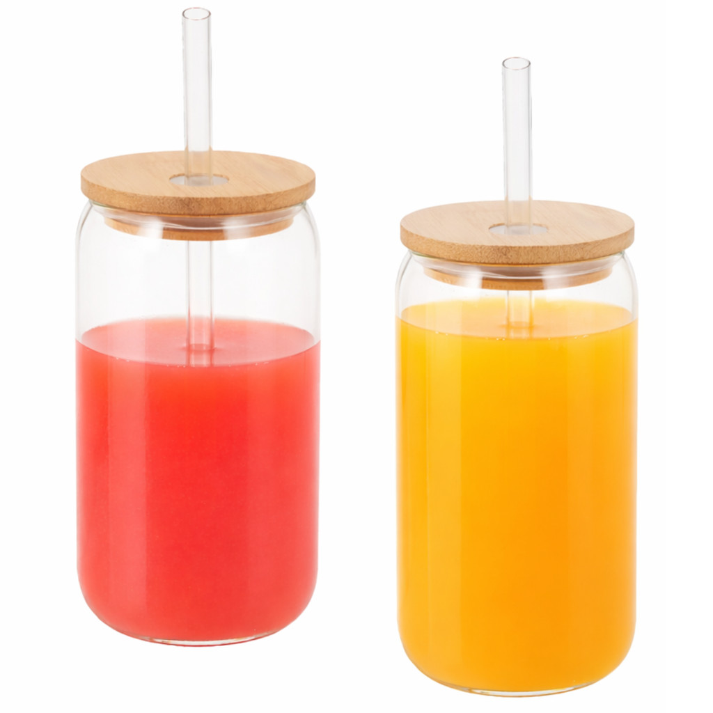 2 Canecas Copo Vidro Com Canudo Vidro e Tampa De Bambu 570ml