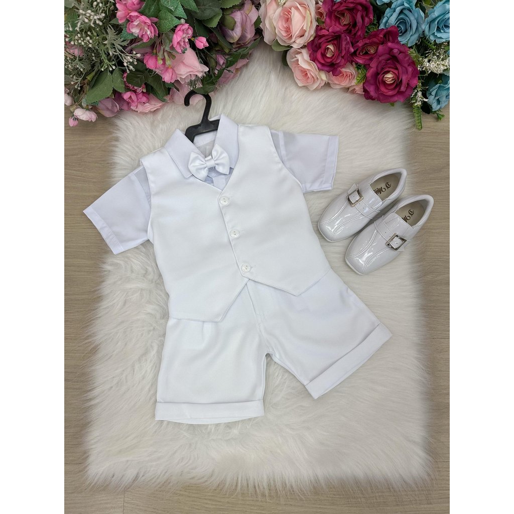 Conjunto Menino infantil Social colete shorts Leandro Branco/Batizado/Formatura/Noivinho/Pagem